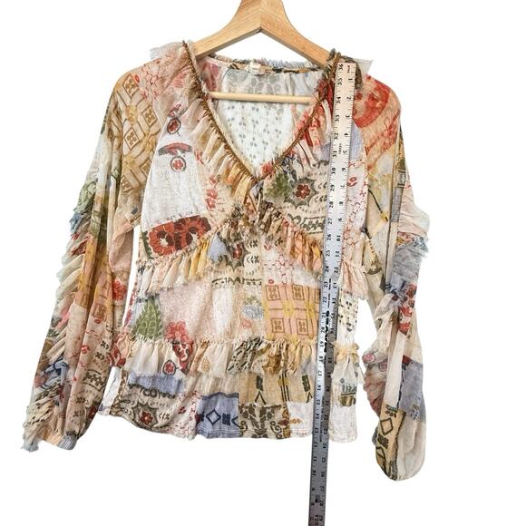 TINY Anthro Ruffle Babydoll Top Womens Shirt SIZE XXS Boho Patchwork Blouse L/S - Picture 5 of 11